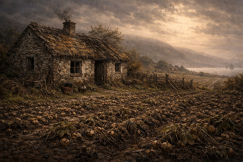An abandoned Irish cottage with blighted potato fields