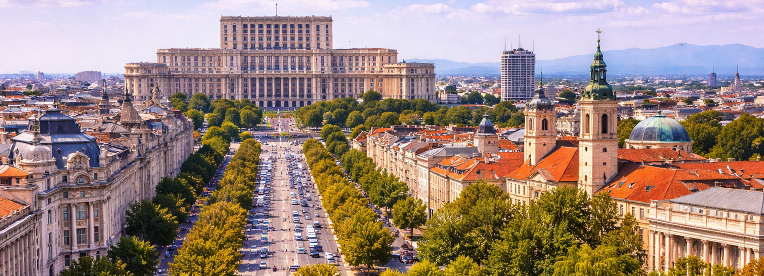 Overhead street view of the city of Bucharest