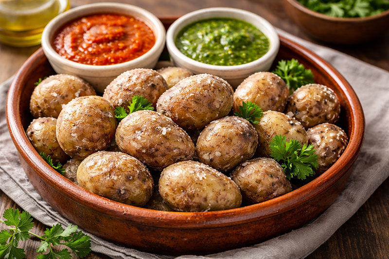 Papas arrugadas with mojo rojo and mojo verde, Canary Islands potatoes served with two classic mojo sauces
