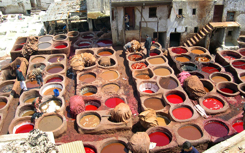 Chouara Tannery, photo of the dye pods and workers.