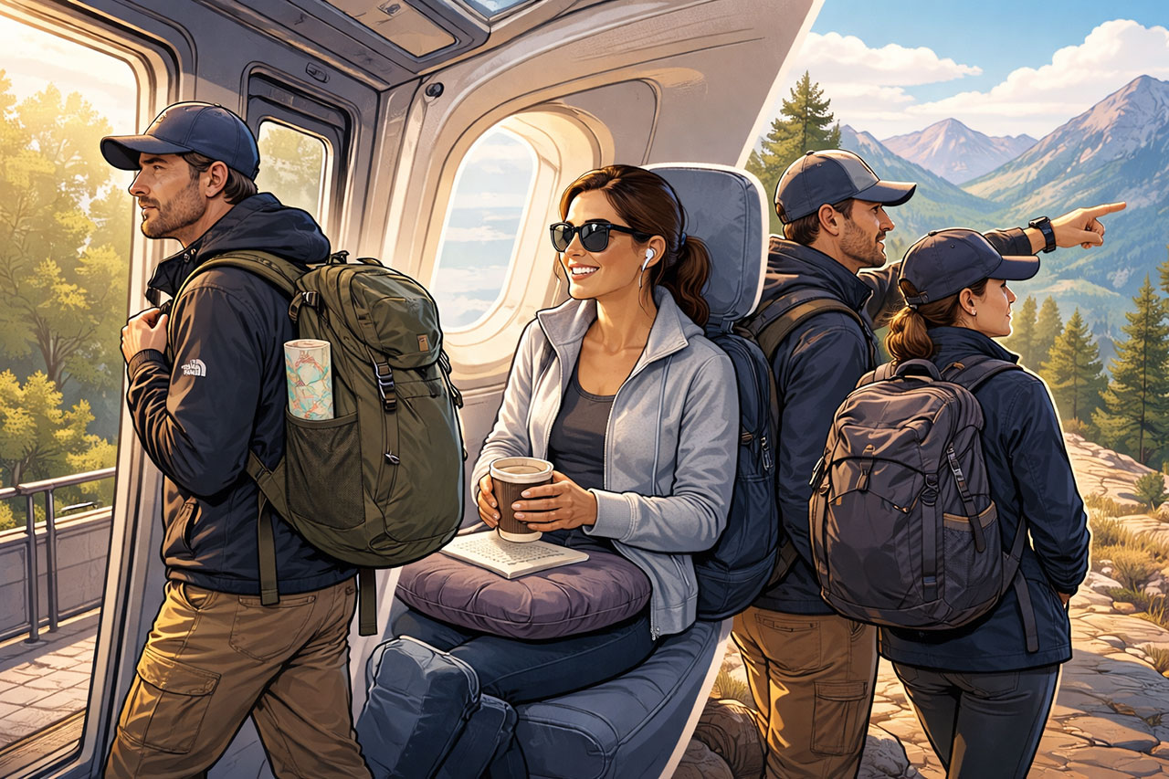 Carry-on travel backpack on a train