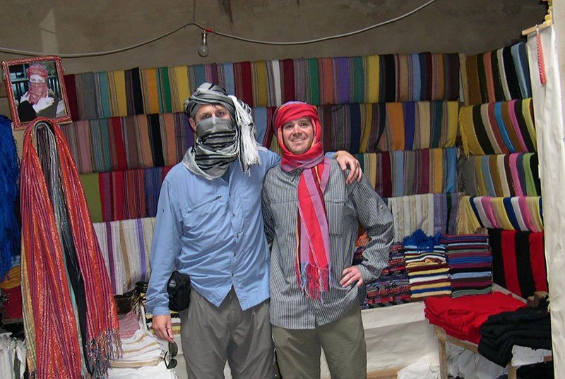 Rob and Corey wearing Cheche a long Traditional Moroccan scarf