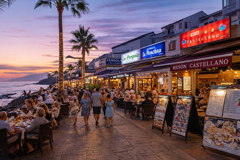 Puerto de Santiago restaurant strip at sunset