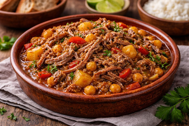 Ropa vieja stew, a traditional Canary Islands dish of shredded meat, chickpeas, and vegetables