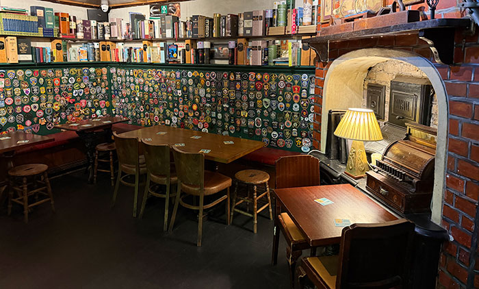Interior of The Brazen Head Dublin stone walls and wooden beams