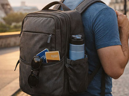Man wearing a day pack while exploring Paris, France.