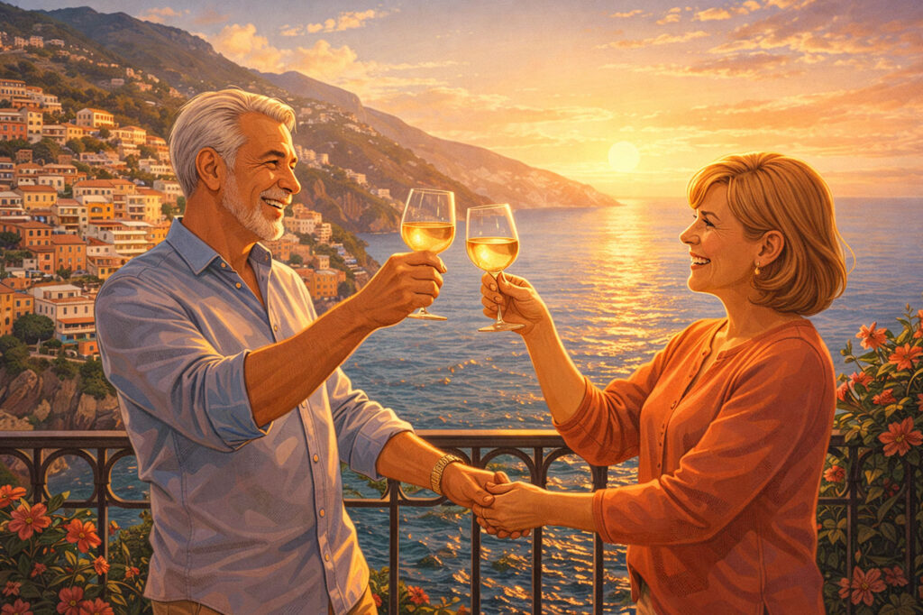 A warm, golden-hour digital illustration of a joyful couple in their 60s enjoying a celebratory travel moment on a scenic balcony overlooking the Amalfi Coast. They are smiling and holding hands, representing the freedom and new chapter of travel for empty nesters and retirees.