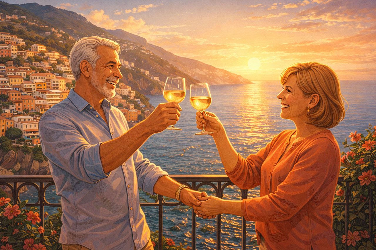A warm, golden-hour digital illustration of a joyful couple in their 60s enjoying a celebratory travel moment on a scenic balcony overlooking the Amalfi Coast. They are smiling and holding hands, representing the freedom and new chapter of travel for empty nesters and retirees.