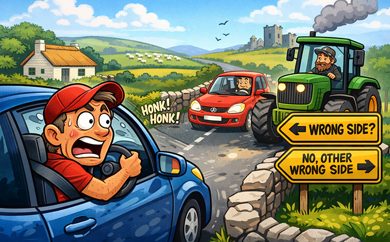 Wrong way driver in Ireland cartoon