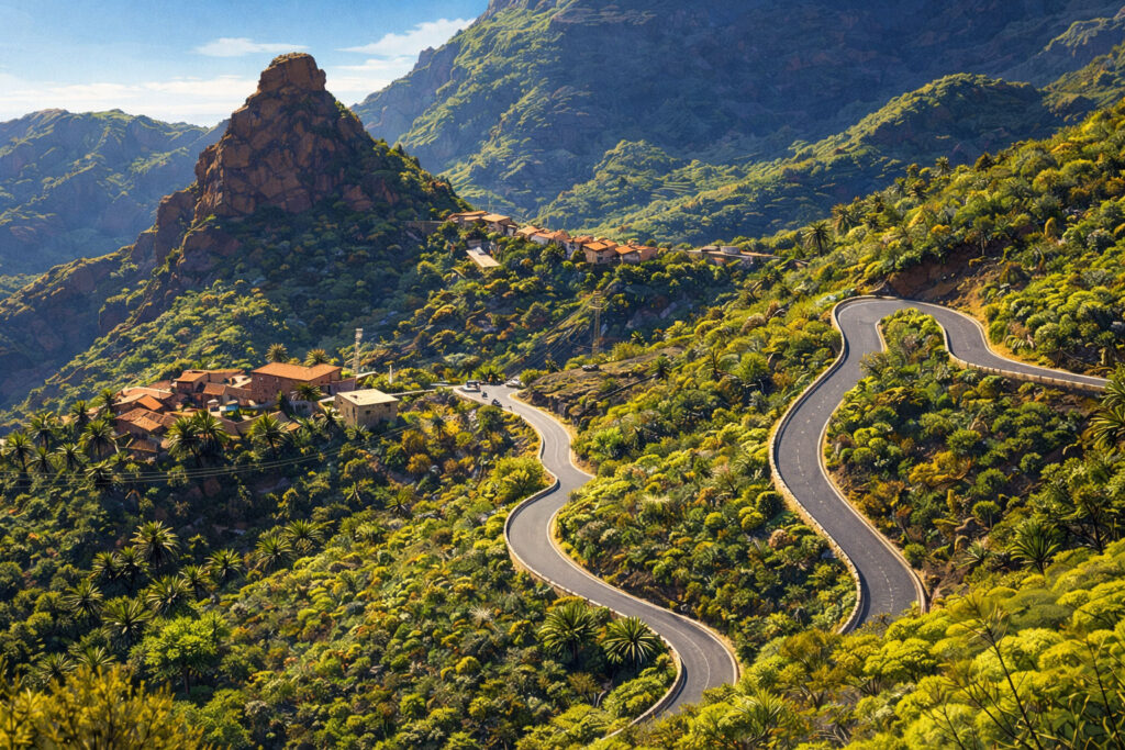 A winding paved road with sharp hairpin turns snakes up a steep, lush green mountainside in Teno Rural Park, Tenerife, under a soft, hazy sky.
