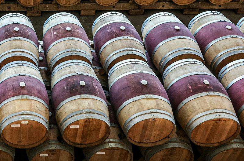 Rows of stacked wine barrels with purple bands in a dimly lit wine cellar at Bodegas Roda, Spain.