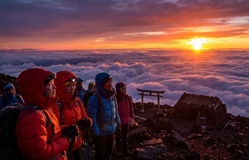 Hikers in warm gear standing at the summit of Mount Fuji, watching the golden sunrise (Goraiko) break over a sea of clouds, with a small stone shrine and torii gate in the background.