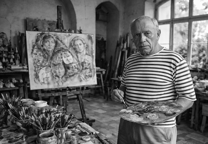 Black and white photograph of artist Pablo Picasso in his studio, holding a palette and brush in front of a painting