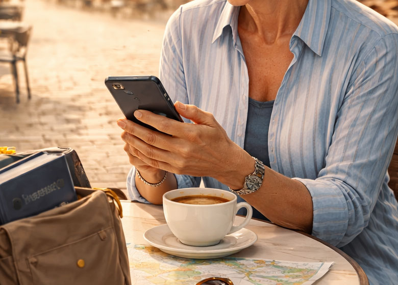 Senior women holing a smart phone at cafe