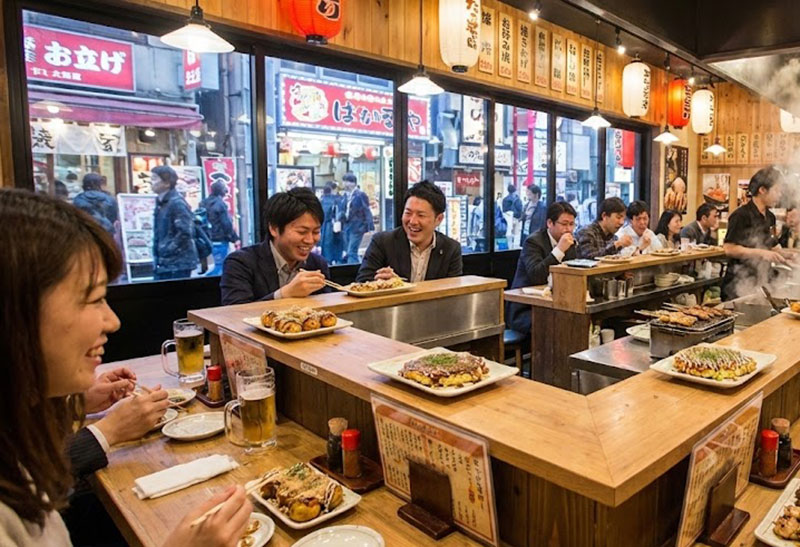 A lively, authentic scene inside a busy Osaka restaurant with diners seated at wooden tables enjoying local food.