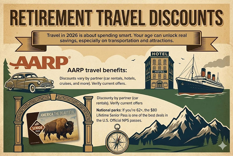 Infographic poster for 2026 retirement travel discounts featuring AARP benefits and the National Parks Lifetime Senior Pass.