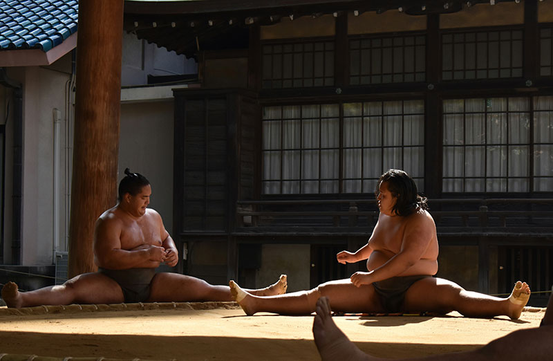 A sumo wrestler practicing traditional movements inside the historic Sumiyoshi Jinja shrine in Hakata Ward, Fukuoka, Japan.