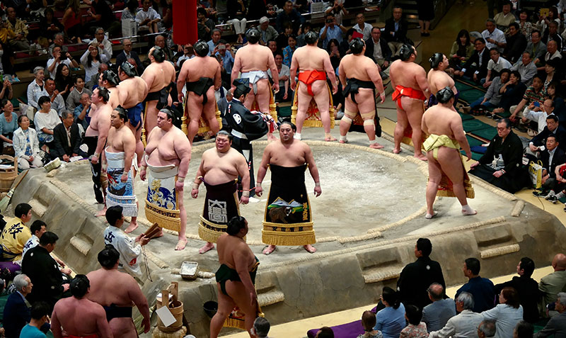 A group of sumo wrestlers (rikishi) standing inside a circular clay ring (dohyo) during a traditional ceremony.