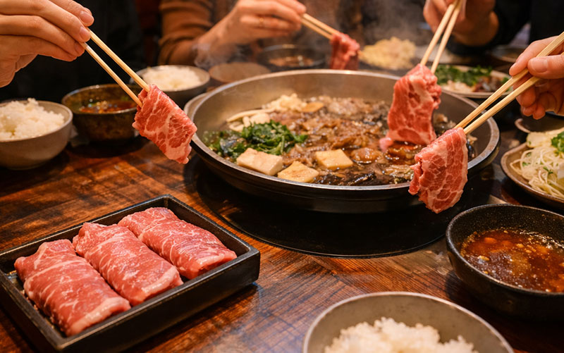 Tokyo restaurant eating Waygu A5 Shabu Shabu/Sukiyaki style.