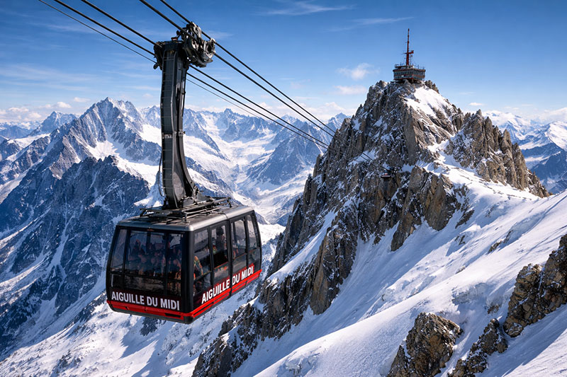 Aiguille du Midi cable car ascending high above the French Alps with jagged snow-covered peaks of the Mont Blanc massif in the background.