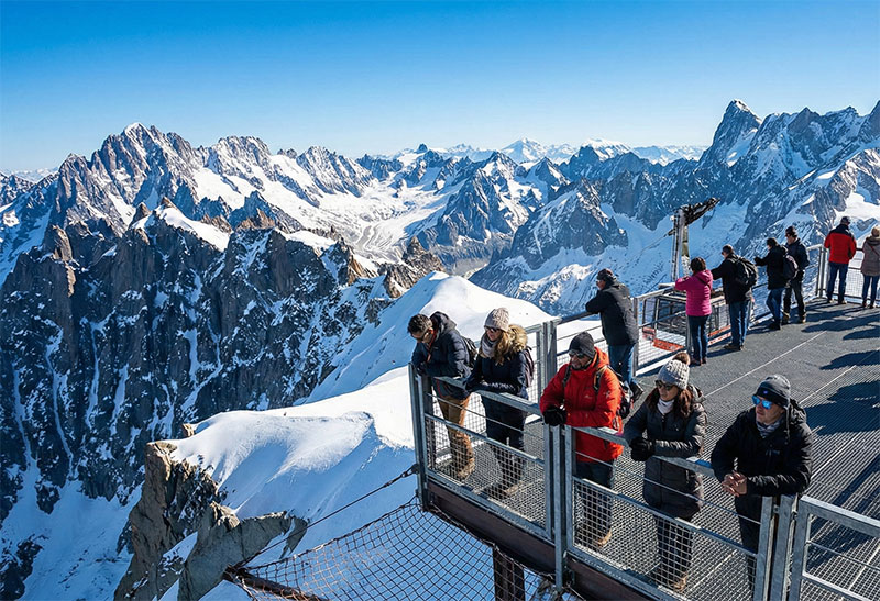A view of Mont Blanc from a balcony in Chamonix with wine and cheese in the foreground.