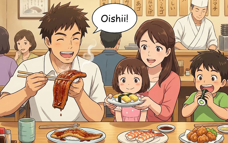An anime-style illustration of a happy family enjoying a meal at a sushi restaurant table. The table is filled with non-raw options like grilled eel (unagi), egg omelet (tamago), boiled shrimp (ebi), cucumber rolls, and fried chicken. The father is happily eating a large piece of eel with a speech bubble saying "Oishii!"