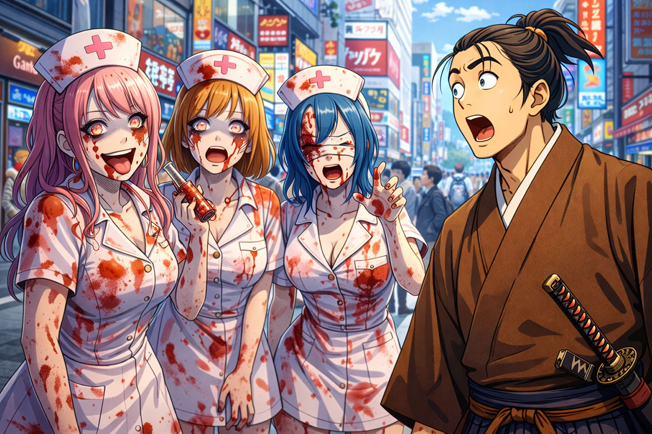 Anime-style illustration of a traditional samurai looking shocked and intrigued by costumed fake nurses on a busy street in Tokyo