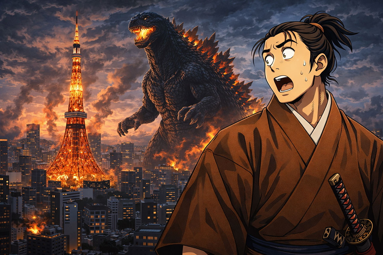 Anime-style illustration of a shocked samurai looking over his shoulder at modern Tokyo as Godzilla towers behind Tokyo Tower