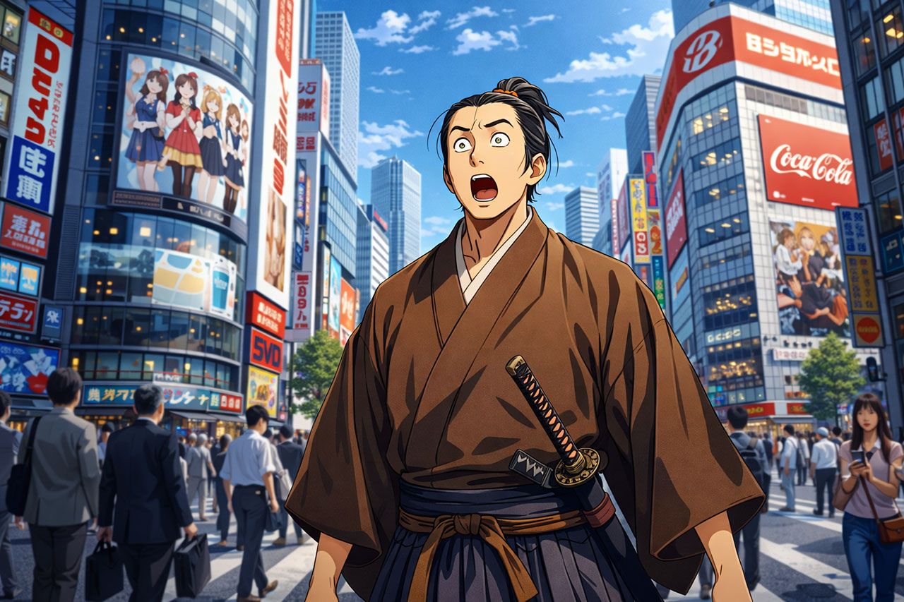 Anime-style illustration of a traditional Japanese samurai standing shocked in modern downtown Tokyo, surrounded by skyscrapers and neon signs