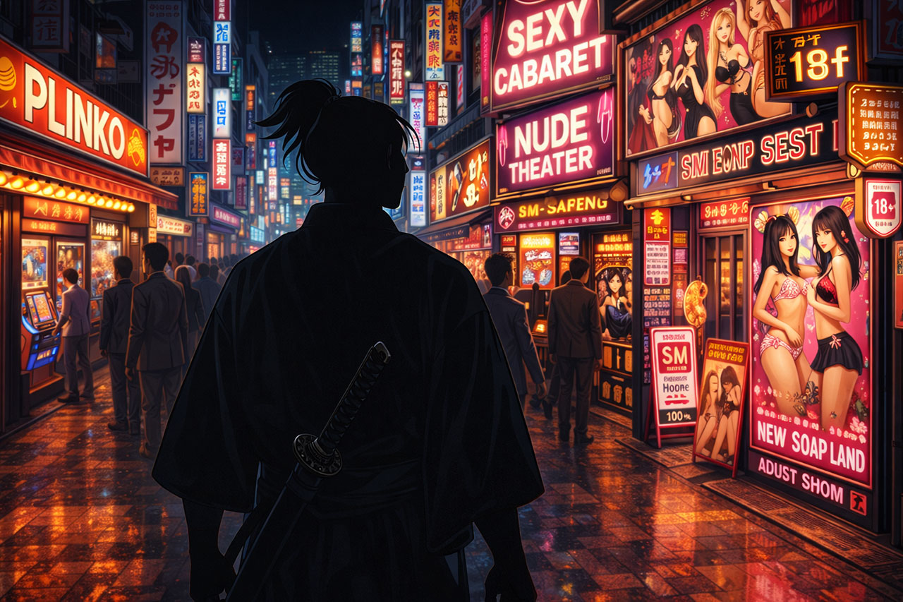 Anime-style silhouette of a traditional samurai walking through a neon-lit red-light district in Tokyo, amazed by the modern city’s nightlife and signage