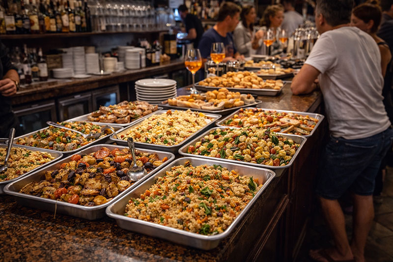An Italian Apericena buffet spread with pasta salad, vegetables, and focaccia on a bar counter.