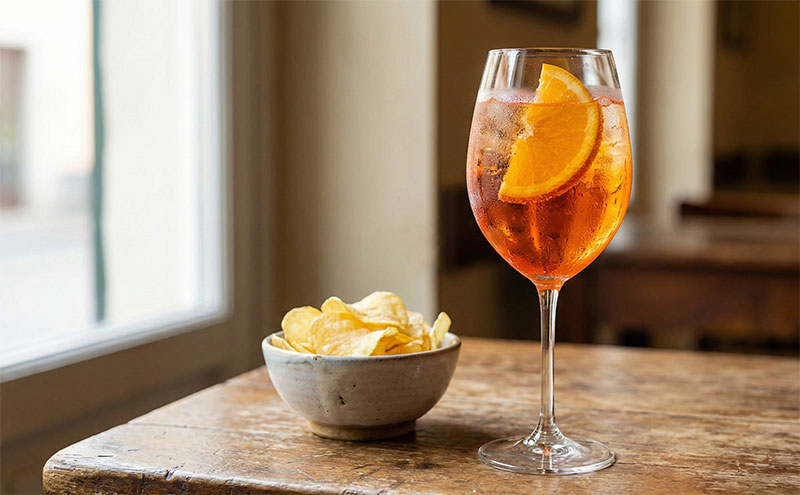A refreshing Aperol Spritz with an orange slice and a side of potato chips