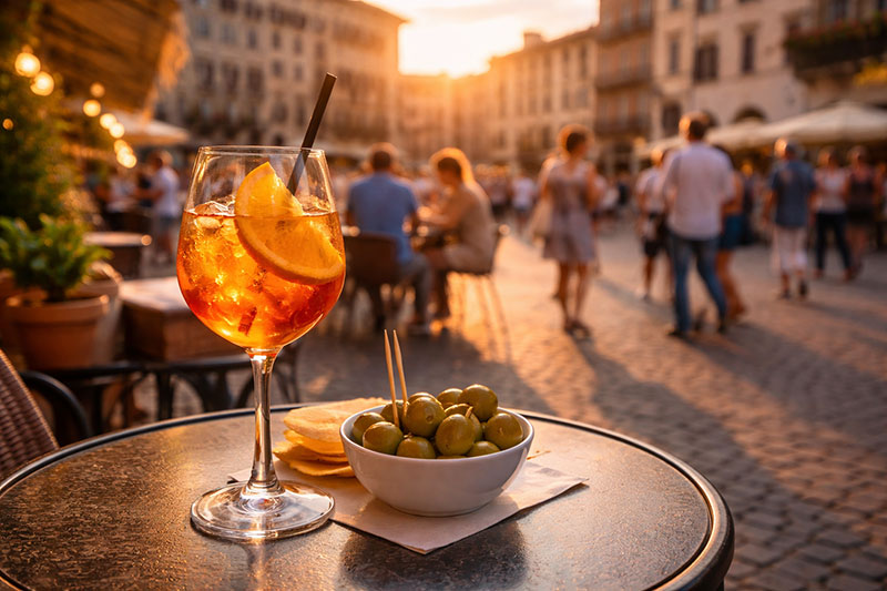 An Aperol spritz and green olives on a table in an Italian piazza during golden hour.