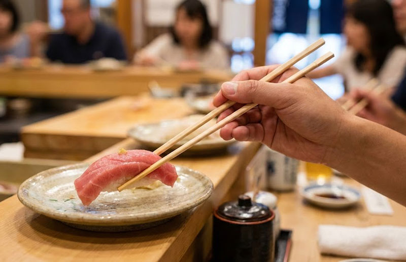 Close-up of a hand using wooden chopsticks to hold a piece of fresh tuna nigiri sushi at a traditional restaurant counter in Tokyo.