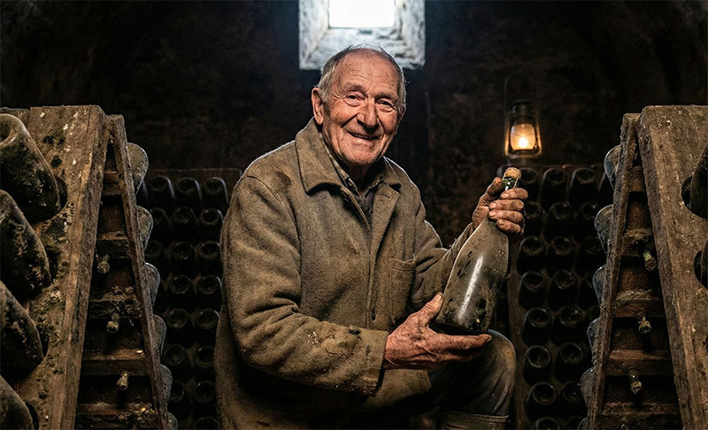 An independent Champagne grower (récoltant-manipulant) standing in his authentic, dusty chalk cellar holding a bottle.