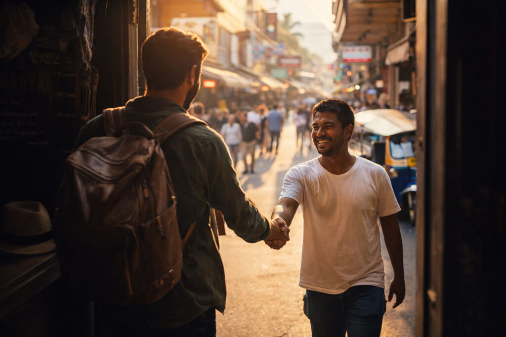 A candid, warm-toned photo of a traveler with a backpack stepping out of a doorway into a bustling, sunlit foreign street and shaking hands with a smiling local person