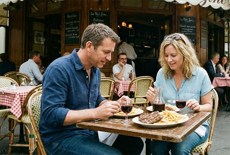 A couple of travelers enjoying a classic French meal of steak frites and red wine at a cozy, traditional Parisian bistro with wood paneling and warm lighting.