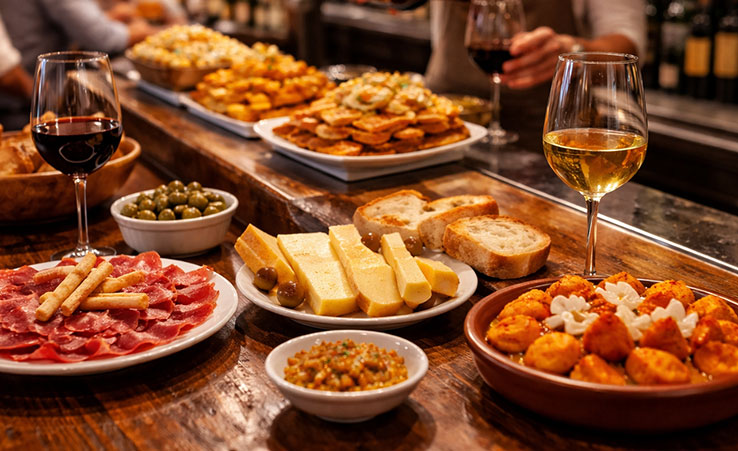 A variety of authentic Spanish tapas, including cured meats, cheeses, olives, and bread, displayed on a bar counter with glasses of wine.