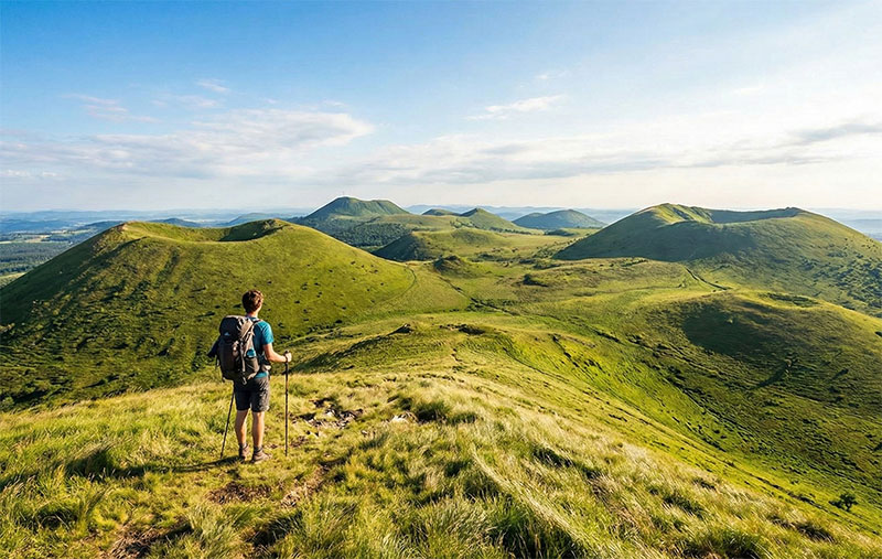 Hiking trails overlooking the green volcanic cones of the Chaîne des Puys in Auvergne, France.