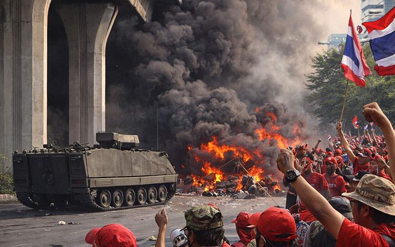 Photo-realistic illustrated recreation of the 2010 Red Shirt protests in Bangkok, showing protesters, smoke, and military presence during the political unrest.