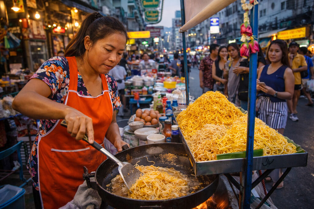 A Thai woman in an orange apron stirs a large wok of noodles at a vibrant street food stall in a busy Bangkok market at dusk.