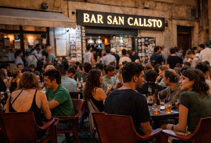 Crowded outdoor tables at Bar San Calisto in Trastevere, Rome with locals and travelers enjoying late-night beers