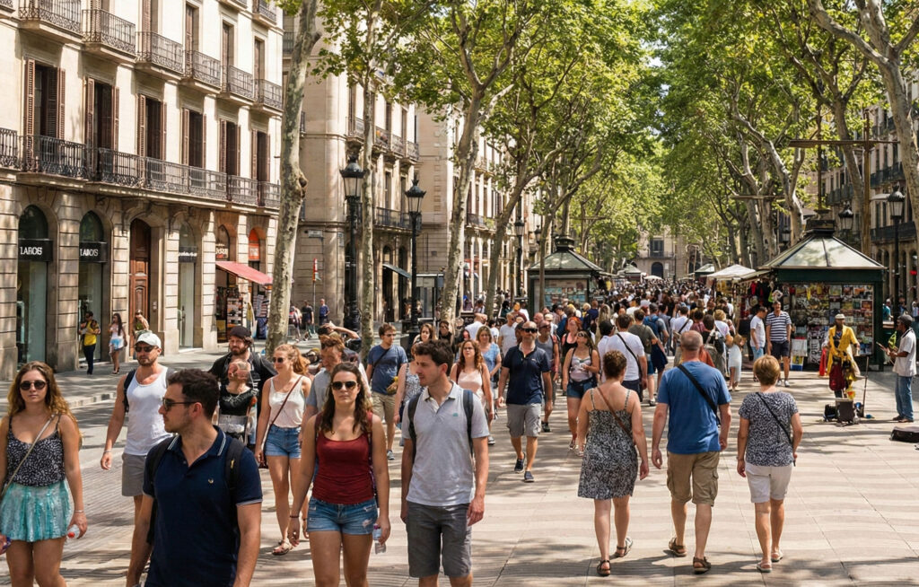 A diverse crowd of locals and tourists walking along a sunny, tree-lined pedestrian avenue in Barcelona.