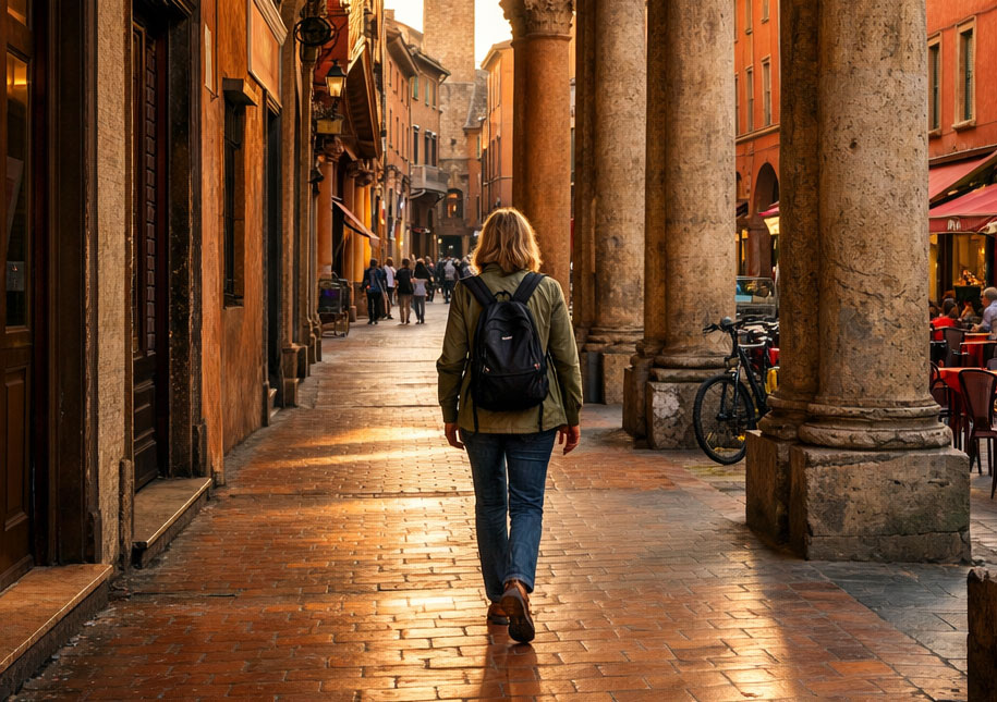 A solo traveler walking under the historic red porticos in Bologna, Italy.