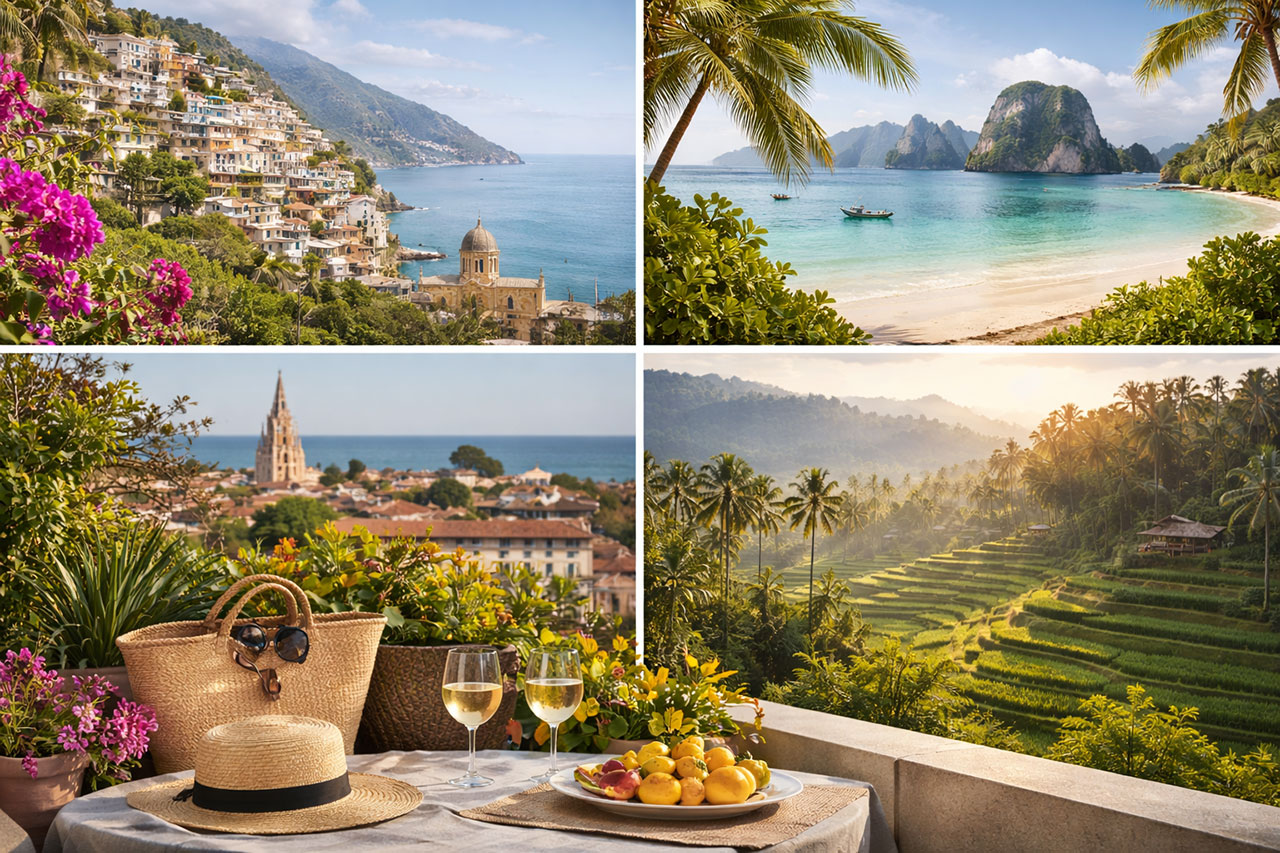 Collage of four beautiful international retirement destinations including a Mediterranean coastal town, a tropical beach, a scenic balcony overlooking a historic city, and lush green rice terraces.