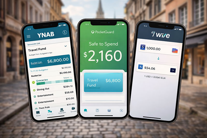 hree smartphone screens showing the YNAB, PocketGuard, and Wise apps for travel finance.