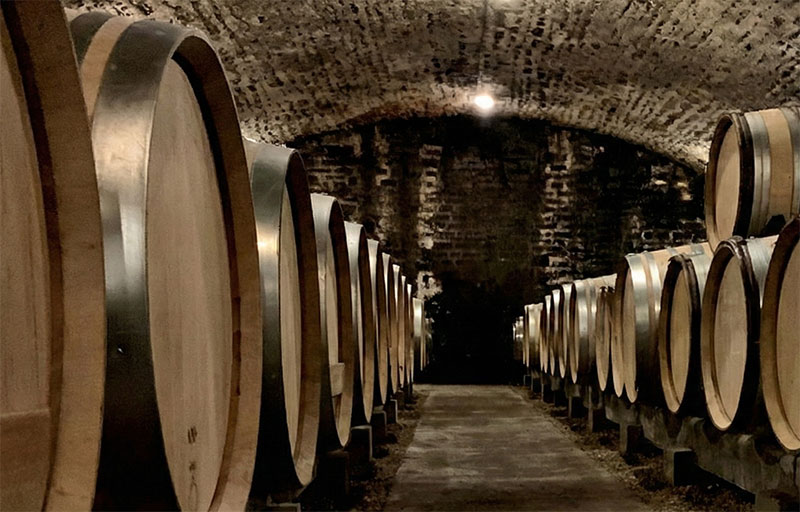 A traditional, dimly lit wine cellar filled with oak barrels in Burgundy.