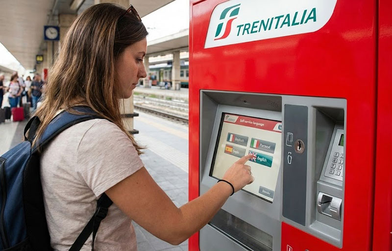 A tourist using a red Trenitalia ticket machine, touching the screen to select the English language option.
