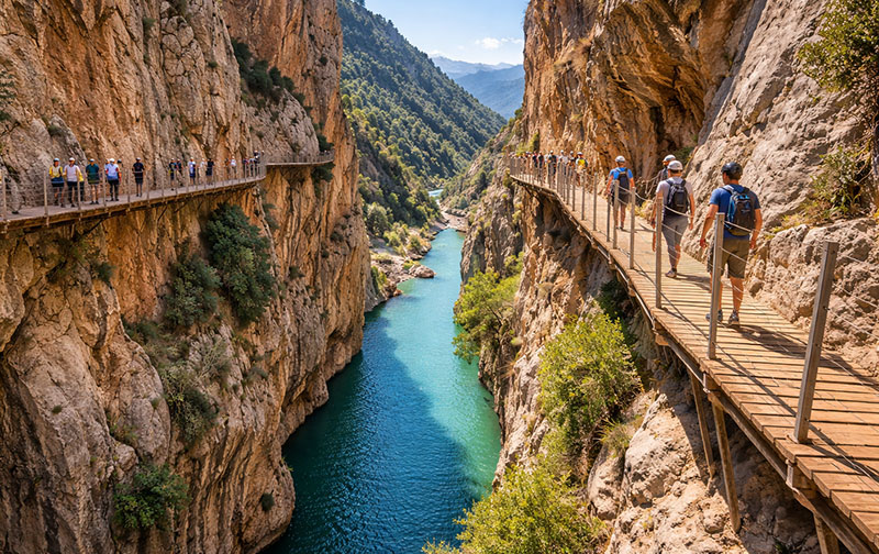 Hiking the Caminito del Rey, a dramatic cliffside walkway suspended above the Guadalhorce Gorge in southern Spain.