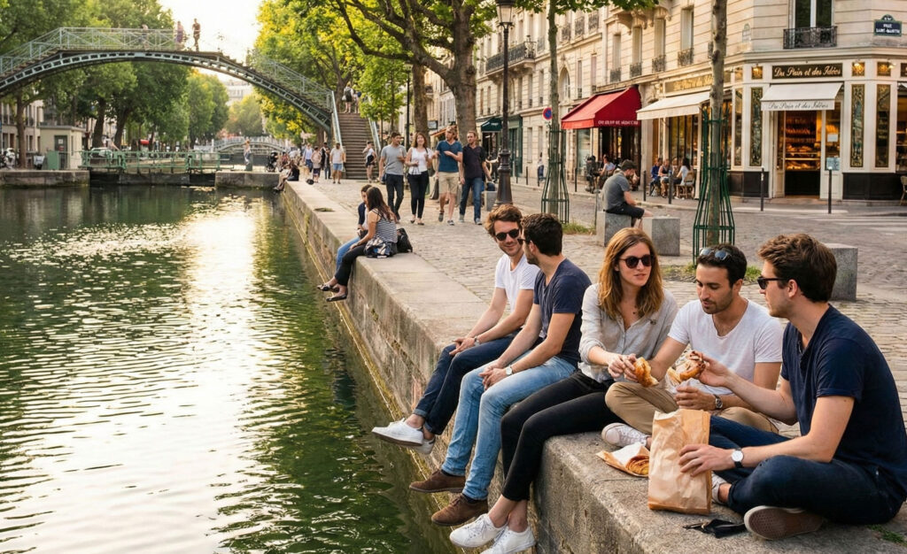 A group of young friends relaxing and sharing pastries while sitting along the edge of the Canal Saint-Martin quay in Paris on a sunny afternoon, with an iron footbridge and tree-lined banks in the background.